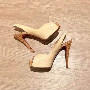 Christian Louboutin Cream Patent Slingback Cork Platform Heels